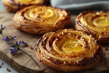 Wall Mural - Apple rosette pastries on a rustic wood surface, garnished with purple flowers for an appealing presentation