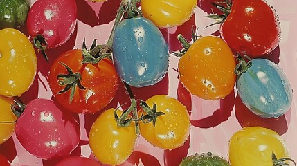 Poster -   A collection of colorful tomatoes on a pink background with water droplets on top of the tomatoes