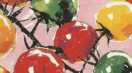 Sticker -   A stunning depiction of ripe red, vibrant green, and sun-kissed yellow tomatoes against a soft pink backdrop, adorned with gentle water droplets