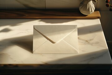 Aufkleber - An envelope is placed on a marble surface with sunlight casting warm shadows, representing communication and anticipation in a serene and classic setting.