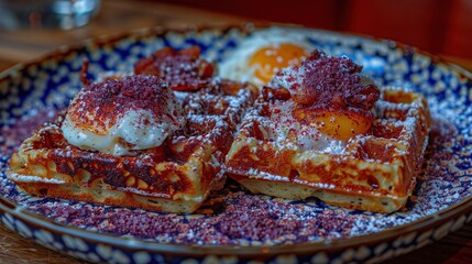 Poster -   A plate with blue and white borders, adorned with waffles dusted in powdered sugar and a fried egg on top