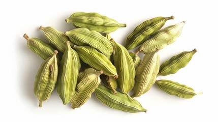 Poster - A scattered arrangement of dried cardamom pods set against a light background, detailing their ridged texture and highlighting their role in both culinary and medicinal uses.