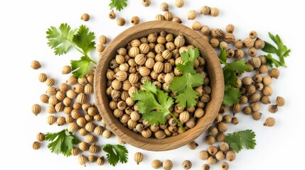 Poster - This image shows a wooden bowl filled with whole coriander seeds, surrounded by fresh cilantro leaves, emphasizing their culinary use and natural freshness as both herb and seed.