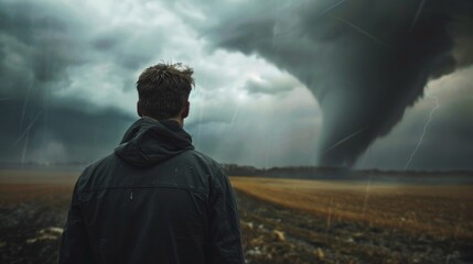 Poster - A man is standing in a field looking at a tornado