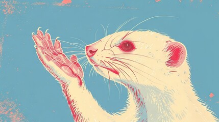 Sticker -   A portrait of a ferret raising its paw to its mouth against a backdrop of azure skies