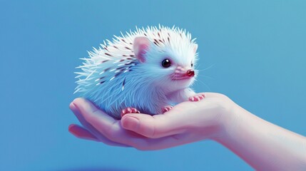 Poster -   A white hedgehog resting on someone's palm against a blue backdrop