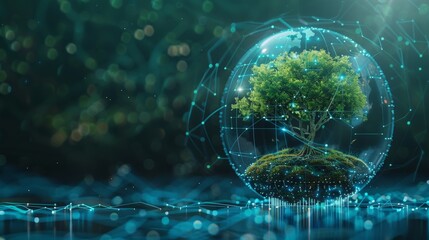 Aufkleber - Image of a tree enclosed in a digital globe, surrounded by an abstract network background with blue and green hues, symbolizing nature, technology, and connectivity.