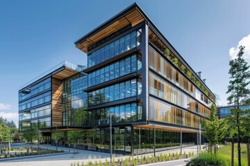 Poster - A striking combination of modern glass architecture and lush surrounding greenery, reflecting the harmony of human innovation and the natural environment.