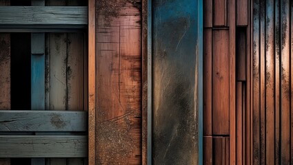 Canvas Print - Collection of various textures featuring weathered wood and metal panels illuminated by natural light