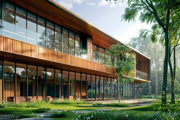 Poster - A contemporary two-story office building with large glass windows and elegant wooden accents nestled within lush greenery, creating a serene work environment.