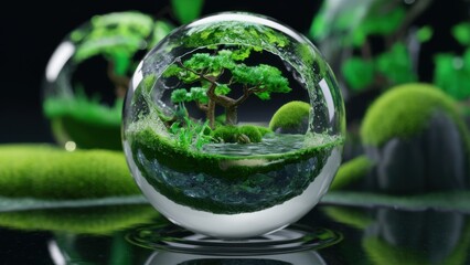 Poster - A glass sphere with a tree and water in it, AI