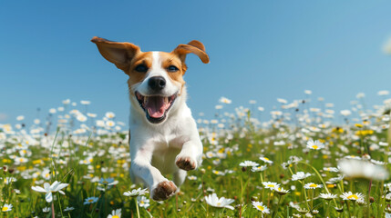 A happy dog running through a field of white daisies with a clear blue sky above