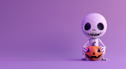 Wall Mural - 3d render of cartoon halloween character skelleton boy with  jack-o'-lantern isolated on purple background banner mockup design, copy space