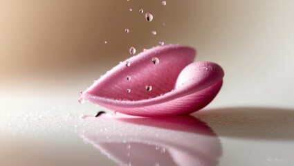 Canvas Print - Water droplets gracefully rest on a pink petal, reflecting soft light for an elegant display