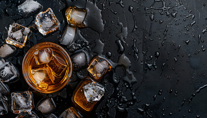 Wall Mural - Cold whiskey in a glass with crushed ice on a black stone wet background, top view