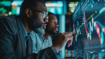 Poster - Two men are looking at a computer screen with graphs and numbers
