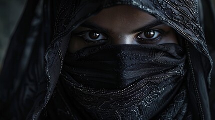 Wall Mural - Close-Up of Eyes of a Person in Black Veil for Cultural and Artistic Posters