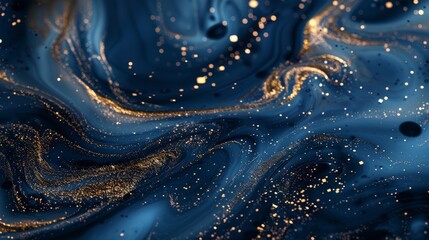 Wall Mural - a mesmerizing abstract image swirling with dark blue shades, highlighted by glowing golden speckles,