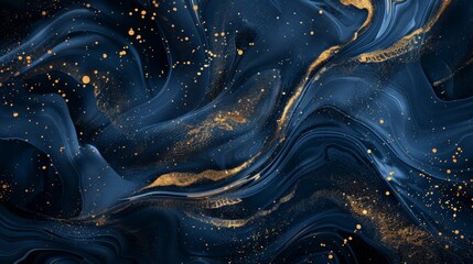 Poster - An abstract masterpiece featuring dark blue swirls intertwined with glittering gold specks, creating a mesmerizing visual effect with a sophisticated and elegant touch.