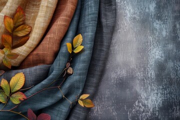 Sticker - Elegant drapery of autumnhued fabrics with scattered leaves on a rustic, textured backdrop