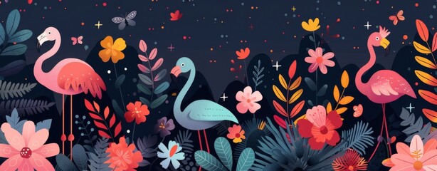 Wall Mural - Flamingos in a Tropical Garden at Night