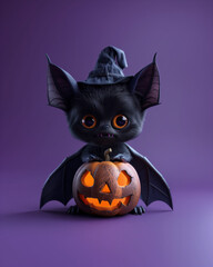 Wall Mural - 3d render of cute cartoon halloween character bat with jack-o'-lantern and witch hat isolated on purple background banner mockup design, copy space