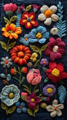 Wall Mural - Colorful embroidery featuring various vibrant flowers on a dark blue fabric background. Beautiful handcrafted design, perfect for decor, DIY projects, and fashion.