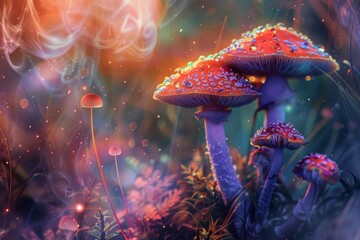 Poster - Captivating image of glowing mushrooms in an ethereal forest setting at dusk