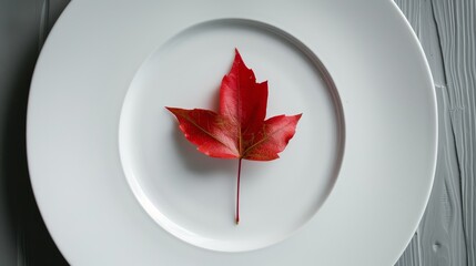 Red leaf on white plate