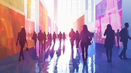 business people walking between trade show booths