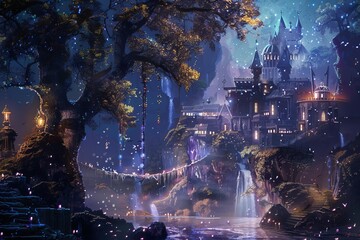 Canvas Print - Illustration of a magical castle amidst an ethereal forest under the starlit sky