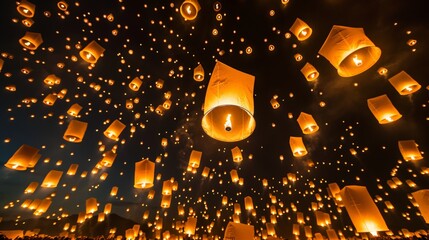Aufkleber - A magical scene with thousands of glowing lanterns floating in the night sky, creating an enchanting view that embodies celebration, unity, and hope for the future.