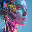 © Irina Ukrainets - Close-up of futuristic humanoid robot with neon wires and circuits. Bright colors highlight advanced technology in cyberpunk style. Perfect for sci-fi themes, tech blogs, and AI concepts. AI