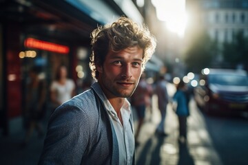 Wall Mural - A man with a beard and a white shirt is standing in front of a red building