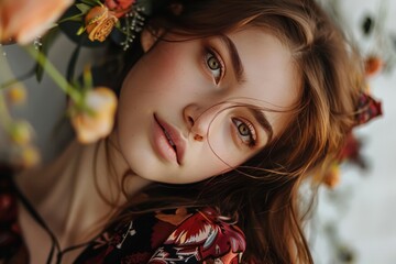 Canvas Print - Closeup portrait of a woman with captivating eyes surrounded by vibrant flowers