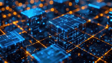 Poster - Blue illuminated Cube. Blockchain network technology concept illustration