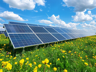 Photovoltaic solar power panel in the field green clean alternative power energy concept