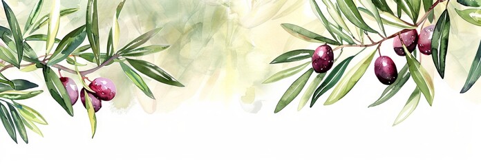 Wall Mural - Watercolor illustration of a mature olive branch with lush green leaves and ripe olives. Concept of nature, botanical art, healthy food, agriculture. Wide banner. Copy space