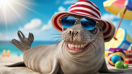 Sticker - A seal wearing sunglasses and hat on the beach with a ball, AI