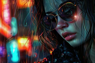 Wall Mural - Closeup of a trendy woman with sunglasses reflecting vibrant city lights at night