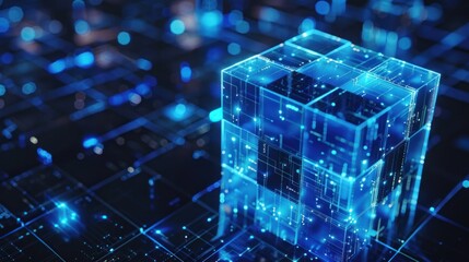 Poster - Blue illuminated Cube. Blockchain network technology concept illustration.