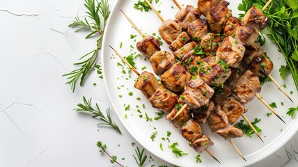 Wall Mural - Grilled meat skewers garnished with herbs on white plate