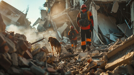 A man in an orange vest and a dog walk through a rubble area