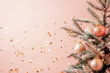 Wall Mural - christmas tree with gold and pink ornaments and sparkling confetti on pastel pink background, copy space for text