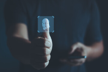 Poster - Fingerprint scan provides security access with biometrics identification. Thumbs up with virtual fingerprint to scan biometric identity, access password for technology security system prevent hacker.