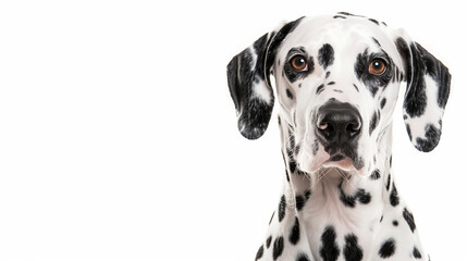 Close-up portrait of an elegant Dalmatian with distinct black spots, sitting against a white background. Ideal for pet lovers and animal photography enthusiasts