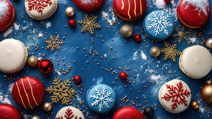 Wall Mural - festive christmas macarons decorated with snowflakes and golden balls on blue background