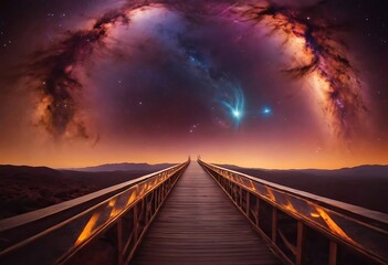 Canvas Print - Two planets connected by a thin, swirling bridge of nebula gas and dust, creating a cosmic pathway between them.