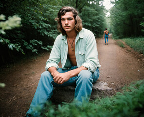 Wall Mural - A young hippie boy with typical clothing of the 60's hippie movement