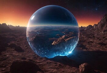Wall Mural - a planet with a surface made entirely of giant, reflective crystals, reflecting the light from nearb